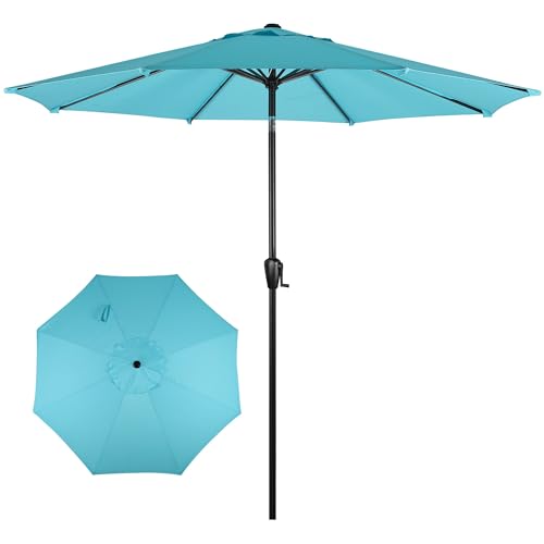 Sun-Ray 9' Round Patio Umbrella with Push-Button Tilt and Hand Crank Lift System, Market Umbrella for Porch, Deck, and Patio - color: Aqua