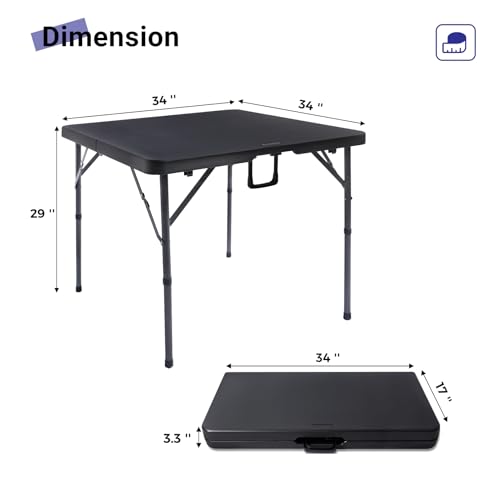 Byliable 34" Square Folding Card Table, Fold-in-Half Utility Dining Portable Table Heavy Duty HDPE Plastic Foldable with Carrying Handle Indoor Outdoor for Picnic, Camping, Party, Black - color: Dark Black