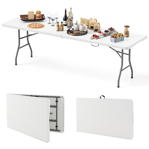 Goplus 8ft Plastic Folding Table, 350 LBS Outdoor Heavy Duty Folding Tables with HDPE Tabletop, Handle, Lock, Foldable Rectangle Portable Utility Card Table for Picnic, Party, Camping, Dining - color: White, size: 96.5" x 29" 29.5"