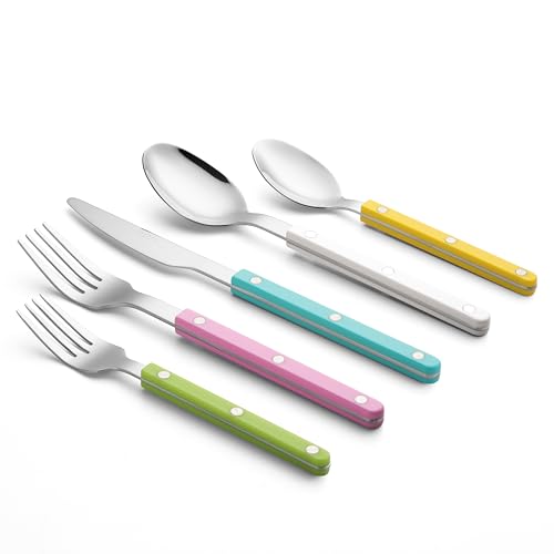 ANNOVA Silverware Set, Retro/Rivet Colorful Stainless Steel Tableware Kitchen Flatware Set Utensils, Includes Dinner Knives, Forks, Spoons, Salad Forks & Dessert Spoons (Pastel Mix, 10 Pieces) - color: Pastel Mix