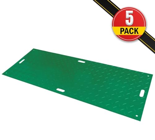 Mytee Products 5 Pk 3' x 8' Green Ground Protection Mats with Double Sided Diamond Plated Tread Design - High Density Polyethylene Mat, Easily Supports 90 Ton Loads on Lawns, Dirt, and Any Other Areas - color: Green, size: 3 x 8 Feet, style: 5 - Pack