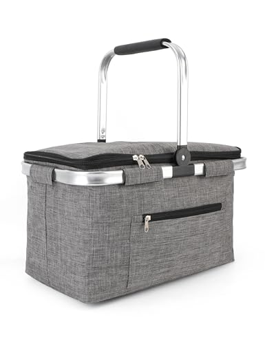 Large Picnic Basket Insulated, Foldable Shoping Basket Cooler Bag, Leakproof Picnic Baskets with Handle and Lid for Camping Outdoor Birthday Lunch BBQ Travel Beach(Gray, 17.7x10.2x9.8in) - color: Gray, size: 17.7 x 10.2 x 9.8 in
