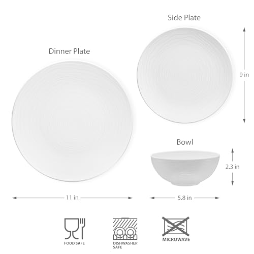 bzyoo 12 Piece White Melamine Dinnerware Set - Durable, Easy to Clean Plates and Bowls - Ideals for Parties, Camping Dish Set BPA Free Organica White Collection - color: Organica White