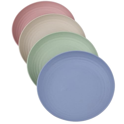 4 Pack Wheat Straw Plates, 9 Inch Unbreakable Dinner Plates, Reusable Wheat Straw Plate Dishwasher & Microwave Safe - color: Beige,Blue,Green,Pink