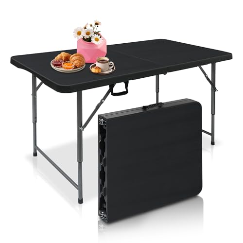 AJP Distributors 4 Foot Portable Plastic Folding Table 4FT 48" Half Foldable Heavy Duty Top w/Carry Handle - Indoor Outdoor Backyard Camping Picnic BBQ Party Wedding Dining Office Event Meeting Black - color: Black, size: 4 Foot