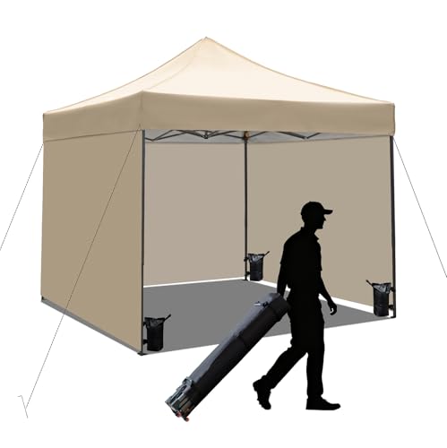 10x10 Pop up Canopy Tent with Sidewalls,Heavy Duty Waterproof Sun Shade Canopy Easy up Canopy with Wheel Bag Commercial Gazebo Tent for Outdoors Parties Vendors Camping Beach (Khaki) - color: Khaki