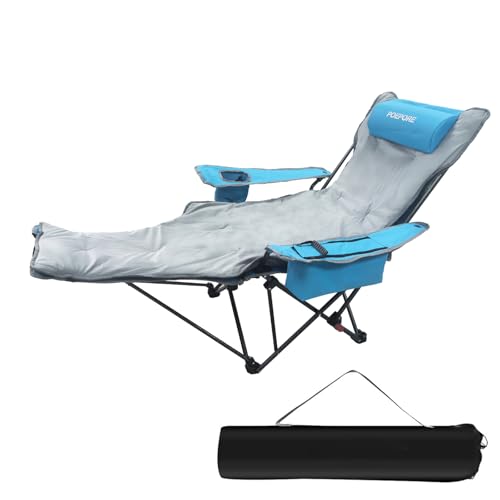 Reclining Camping Chair 4 Position with Foot Rest Comfortable for Adults 265Ibs Folding Lounger Mesh Beach Chair with Cooler Bag,Cotton Cushion and Cup Holder for Outdoor Patio - color: Blue, style: Single with Cotton Pad