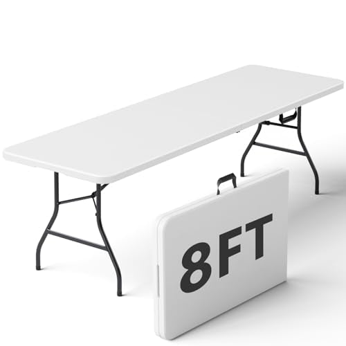 Folding Table 8ft - Heavy Duty Plastic Table with Handle, Foldable & Portable, Fold-in-Half Utility Tables for Outdoor, Dining, Wedding, Events, Indoor, Picnic, Camping, Party (White) - color: White, size: 8FT