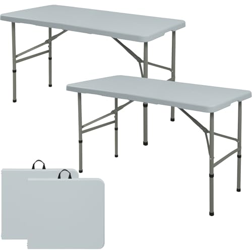 Set of 2 Folding Table 4FT Camping Table Portable Heavy Duty Plastic Rectangular Outdoor Dining Table Steel Legs Fold-in-Half with Carrying Handle for Indoor,Picnic,Party,Wedding,Events(Grey) - color: Grey
