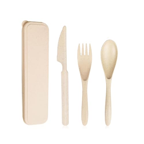 Travel Utensils Set with Case, Reusable Wheat Straw Portable Knife Fork Spoons Tableware, Eco-Friendly BPA Free Cutlery for Camping Picnic Utensils(Beige) - color: Beige