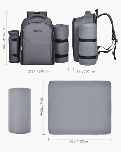 VEVOR Picnic Backpack, Beach Picnic Backpack Bag for 2 Person with Insulated Cooler Compartment, Detachable Bottle/Wine Holder, Lightweight Blanket, Plates and Cutlery Set for Hiking, Camping, Grey - size: single layer for 2 & gray
