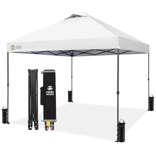 CROWN SHADES 10x10 Pop Up Canopy - Patented Center Lock One Push Instant Outdoor Canopy Beach Tent with STO-N-Go Bag 8 Stakes & 4 Sand Bags，White - style: White