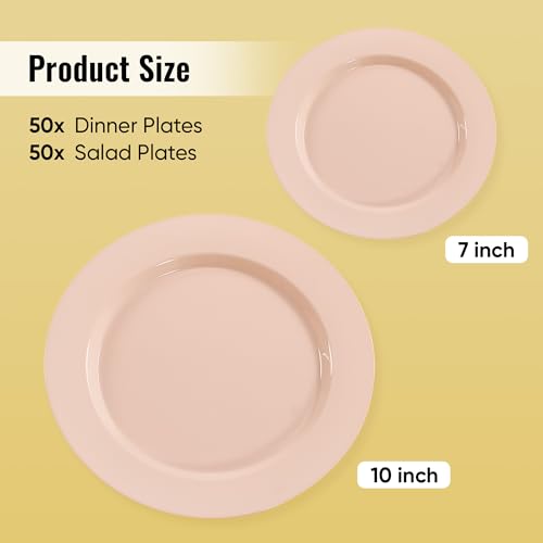 Fijinhom 100PCS Pink Disposable Plates for 50 Guests Including 50PCS 10" Dinner Plates & 50PCS 7" Dessert Plates, Pink - color: Pink, size: 50 Guests-100pcs