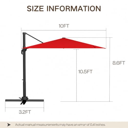 Kingdura 10' X 10' Cantilever Patio Umbrella, Large Square Aluminum Outdoor Offset Umbrella with 360-degree Rotation, 4 Position Tilt, UV Protection for Pool Deck Garden Patio (Red) - color: Red, size: 10x10 FT (No Base)