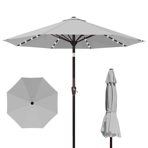 Kingdura 9FT Outdoor Patio Umbrella with Solar Lights, Market Table Umbrella with Push Button Tilt & Crank, 8 Sturdy Ribs, 32 LED Lights, UV Protection for Garden Lawn Deck Backyard Pool (Light grey) - color: Light grey-LED, size: 9 Ft