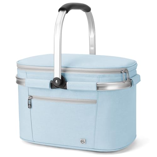 ALLCAMP Picnic Basket - Insulated Cooler, Thickening Foldable Picnic Basket with Removable Baskets & Sewn-in Frame, Basket for House Warming Gifts New Home(Light Blue) - color: Light Blue, size: Medium
