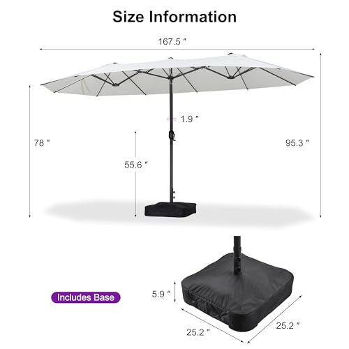 PURPLE LEAF 14ft Patio Market Umbrella with Base Double-Sided Rectangle Outdoor Table Sun Umbrellas with Crank 12 Heavy Duty Sturdy Ribs for Pool Beach Deck Backyard Cream - color: Cream, size: 14' X 8'
