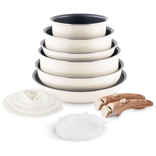 Pots and Pans Set Nonstick - YIIFEEO Stackable Camping Cookware Pots and Pans Set Detachable Handle Kitchen Cookware Sets Removable Handle, Non Toxic Nonstick Frying Pans for Cooking Pot Set Gift - color: Black Beige