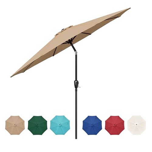 HealSmart 9ft Patio Umbrella with Push Button Tilt/Crank, Outdoor Table Market Yard Umbrella with 8 Sturdy Ribs for Garden, Backyard, Deck, Pool, Tan - color: Tan, size: 9FT