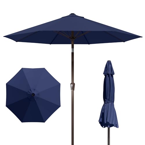 PatioKingdom Auto-Tilt 9FT Patio Umbrella Outdoor with 8 Sturdy Fiberglass Ribs,Market Table Umbrella for Pool,Backyard,Deck and Garden - color: Navy, size: 9FT