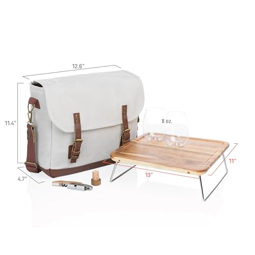 PICNIC TIME Adventure Wine Tote Bag with Wine Glasses and Mini Table, Wine Picnic Bag, 2 Bottle Wine Bag, (White) - color: White