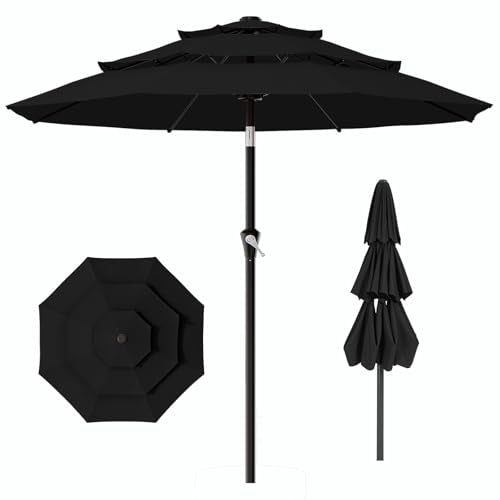AreShark 9ft 3-Tier Patio Umbrellas, Outdoor Umbrella with 8 Sturdy Ribs UV Protection Windproof, Market Table Umbrella w/Push Button Tilt & Crank for Pool, Porch, Deck, Garden(Black) - color: Black