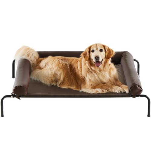 RRPETHOME Large Elevated Cooling Dog Bed, Raised Dog Cot Beds for Large Dogs, Elevated Outdoor Pet Cot, Chew Proof Portable Cooling Pet Cot with Skid-Resistant Feet and Breathable Mesh - color: Brown, size: 43.0"l X 31.0"w X 8.0"th