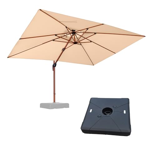 PURPLE LEAF 9' X 12' Double Top Deluxe Wood Pattern Rectangle Patio Umbrella with Base Offset Hanging Umbrella Outdoor Market Umbrella Garden Umbrella, Beige - color: Beige, size: 9'X12', style: Base Included