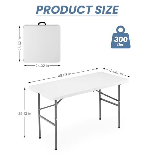 DUMOS 4 Feet Folding Picnic Table, Plastic Table with Carrying Handle, Heavy Duty Portable Table for Camping Party, White - color: White, size: 4 FT