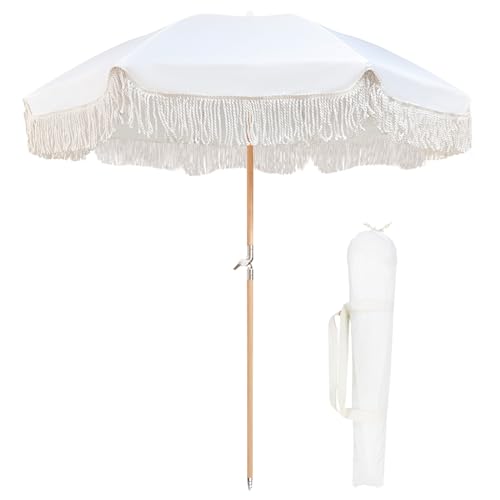 Lefedrasticity Boho Outdoor Umbrella with Tassels,6ft Table Umbrella Outdoor Patio with Knobs Tilt,Wind Resistant Portable Beach Umbrella UPF50+ Fringe Umbrellas For Pool Backyard Deck Garden - color: White