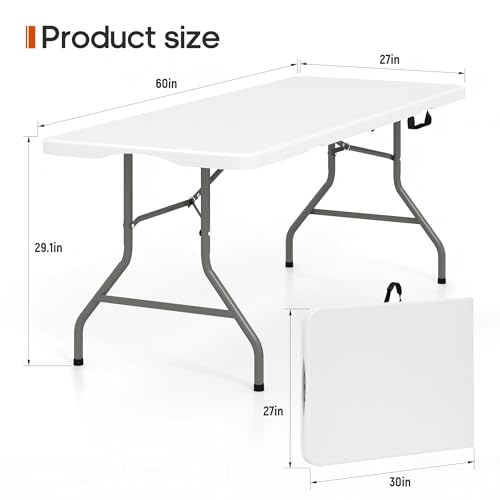 5 Foot Folding Table 350 LBS Heavy Duty, 18% Thicker HDPE Waterproof Top, Portable Fold in Half Table with Carrying Handle and Steel Frame for Indoor Outdoor Party Events - color: White-a, size: 5FT