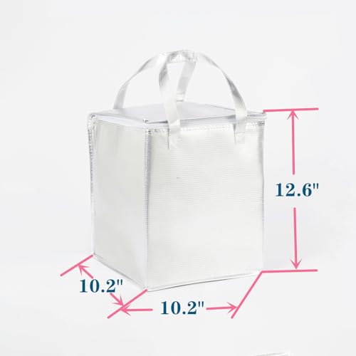 10.2×10.2×12.6" Reusable Insulated Zipper Aluminum Foil Tote Bag Suit for Picnic Cake FruitDrink Refrigeration Also for Delivery of Takeaway Thermal Pizza Insulated Delivery (Laser Silver) - color: Laser SILVER, size: 10.2×10.2×12.6"