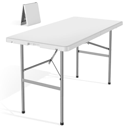 DUMOS 4 Feet Folding Picnic Table, Plastic Table with Carrying Handle, Heavy Duty Portable Table for Camping Party, White - color: White, size: 4 FT