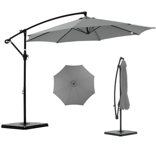NEWBULIG 10FT Patio Umbrella, Offset Cantilever Outdoor Patio Table Umbrella, UV Protection, Fade Resistant Fabric, Easy Tilt Adjustment for Pool, Deck, Garden, Backyard - color: Gray, size: 10FT-with 4 Bases