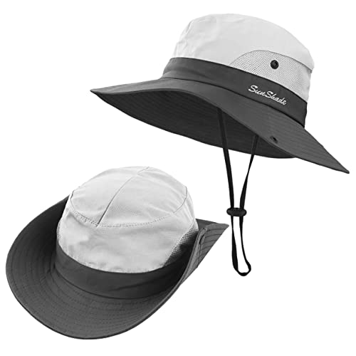 3 Pieces Womens Ponytail Wide Brim Sun Hat Packable UV Protection Beach Cap for Fishing & Hiking - color: Purple＆sky Blue＆beige