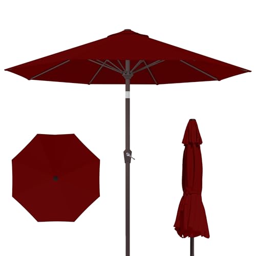 Kingdura 9FT Outdoor Patio Umbrella, Market Table Umbrella with Push Button Tilt and Crank, 8 Sturdy Fiberglass Ribs, UV Protection for Pool, Lawn, Deck, Backyard, Garden (Dark red) - color: Dark red, size: 9 Ft