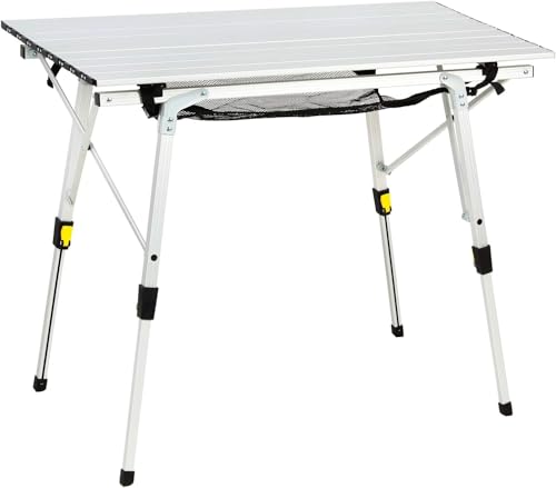 Portal Outdoor Folding Portable Picnic Camping Table with Adjustable Height Aluminum Roll Up Table Top Mesh Layer, Silver - color: Silver, size: Large-35.4"L x 20.9"W