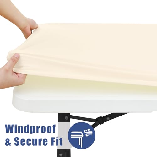 Moosfor Spandex 5 Foot Rectangle Table Cloth, Elastic Fitted Tablecloths for Picnic, Stretch Washable Patio Table Cover for Outdoor, Camping, Banquet and Parties (Beige, 36"x60") - color: Beige, size: 60" x 36" (Rectangular)