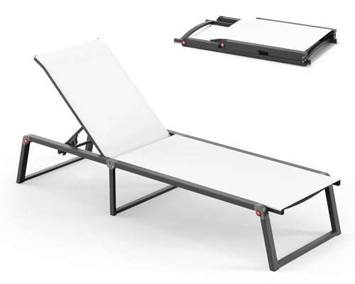 Aluminum Chaise Lounge Chair Outdoor, Foldable& No Assembly Patio Pool Lounge Chairs 5-Position Recliner for Outside, Fully Grounded Legs Sun Lounger for Poolside, Bright White - color: Bright White, size: 1