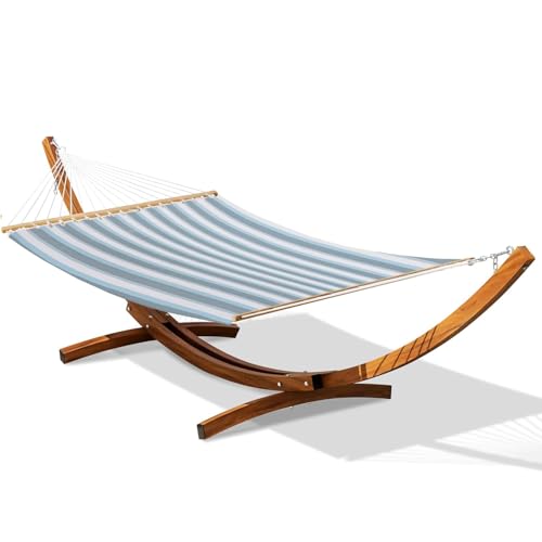 Lazy Daze Hammocks 12 FT 2 Person Double Quick Dry Textilene Hammock with Curved Steel Heavy Duty Stand for Outside, Backyard, Patio, 450 Lbs Capacity, Blue White Stripes - color: Blue White Stripes