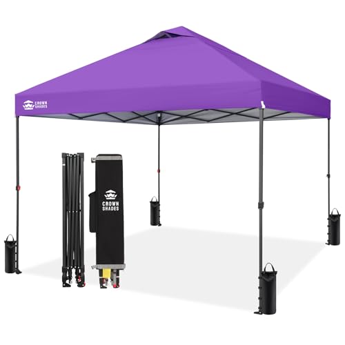 CROWN SHADES 10x10 Pop Up Canopy - Patented Center Lock One Push Instant Outdoor Canopy Beach Tent with STO-N-Go Bag 8 Stakes & 4 Sand Bags，Purple - style: Purple