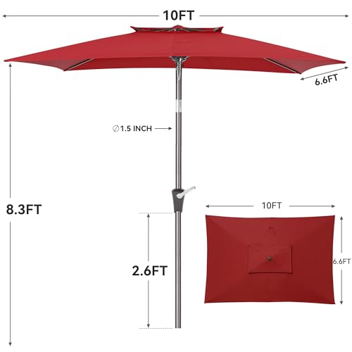 6.6 x 10 ft Rectangular Patio Umbrella, Outdoor Market Table Umbrella with Push Button Tilt and Crank, Double-Tier Vent, 6 Ribs, Rectangle Patio Umbrella for Backyard, Deck, Pool, Fits 4–6 Chairs and Tables (Wine Red) - color: Wine Red