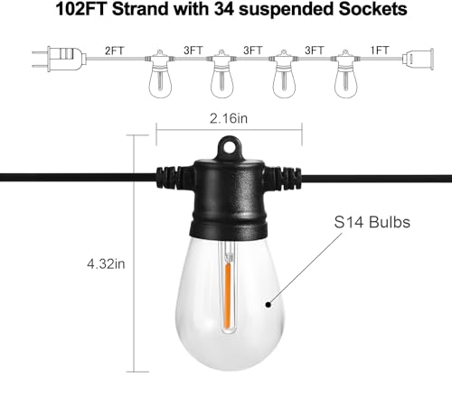 Banord 102FT Outdoor String Lights, Waterproof Patio Lights with 35 Shatterproof LED Bulb Hanging Light String, Black String Light Vintage Party Lights for Garden, Backyard, Porch, Cafe, Deck, Wedding - size: 1 Pack 102FT