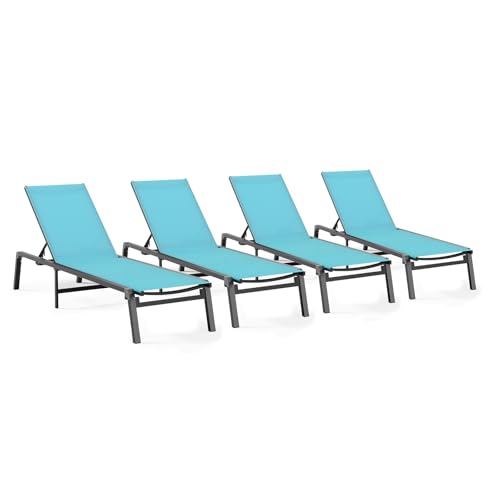 Patio Chaise Lounge Chair Set of 4, Foldable Lounge Chair for Outside, Aluminum Chairs with 5 Adjustable Backrest, Outdoor Pool Lounger for Poolside, Lawn, Patio, Lake Blue - color: Lake Blue, size: 4 Packs