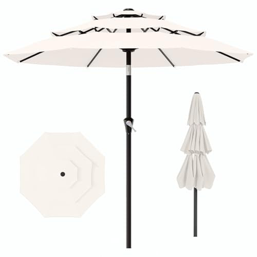 AreShark 9ft 3-Tier Patio Umbrellas, Outdoor Umbrella with 8 Sturdy Ribs UV Protection Windproof, Market Table Umbrella w/Push Button Tilt & Crank for Pool, Porch, Deck, Garden(Cream White) - color: Cream White