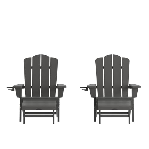 Flash Furniture Newport Adirondack Cup Holder and Pull Out Ottoman, All-Weather HDPE Indoor/Outdoor Lounge Chair, Set of 2, Gray - color: Grey, size: Set of 2