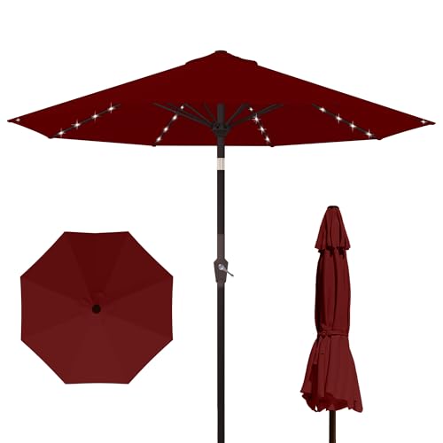 Kingdura 9FT Outdoor Patio Umbrella with Solar Lights, Market Table Umbrella with Push Button Tilt & Crank, 8 Sturdy Ribs, 32 LED Lights, UV Protection for Garden Lawn Deck Backyard Pool (Dark red) - color: Dark red-LED, size: 9 Ft