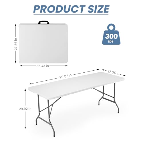 DUMOS 6 Feet Folding Picnic Table, Plastic Table with Carrying Handle, Heavy Duty Portable Table for Camping Party, White - color: White, size: 6 FT