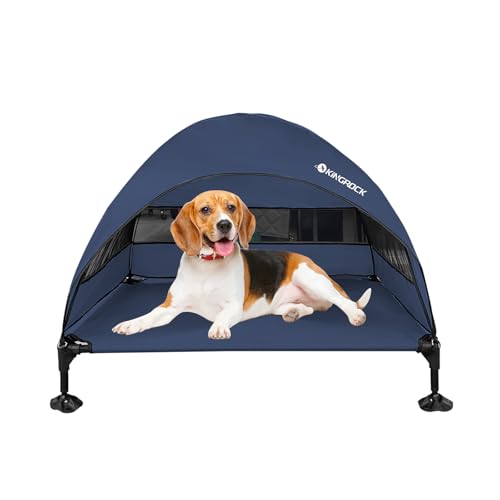 KINGROCK Elevated Dog Bed with Removable Canopy Portable Outdoor Pet Cot Waterproof 600D Oxford Fabric Anti Slip Feet for Large Dogs Camping Beach Indoor and Outdoor Use - color: Navy, size: 42.5"L x 30"W x 33"Th