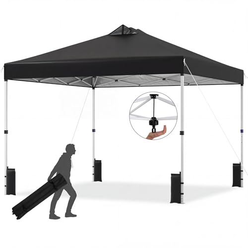 Tangkula 10 x10 Ft Pop Up Canopy with Center Lock, UPF 50+ One-Button Setup Outdoor Canopy Tent with Roller Bag, 4 Sand Bags, Heavy-Duty Steel Frame, 8 Stakes, 4 Ropes for Camping, Picnic (Black) - color: Black